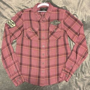 Women's Harley Davidson Plaid Gas & Oil Convertible Sleeve Shirt - Dusky Orchid
